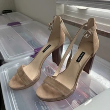 NINE WEST High Block Heel Sandals Tan Womens Size 9.5 Open Toe Suede