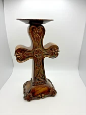 Cross Candlestick Holder Height 8.75" Copper/Brown Color