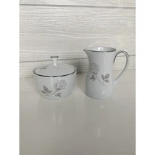 Noritake Rosay Creamer & Sugar Bowl ~ Platinum Trim Gray Roses