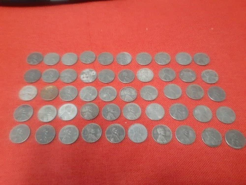 1943 STEEL LINCOLN WHEAT PENNY ROLL LOT. 50 COINS. CIRCULATED. VARIOUS CONDITION