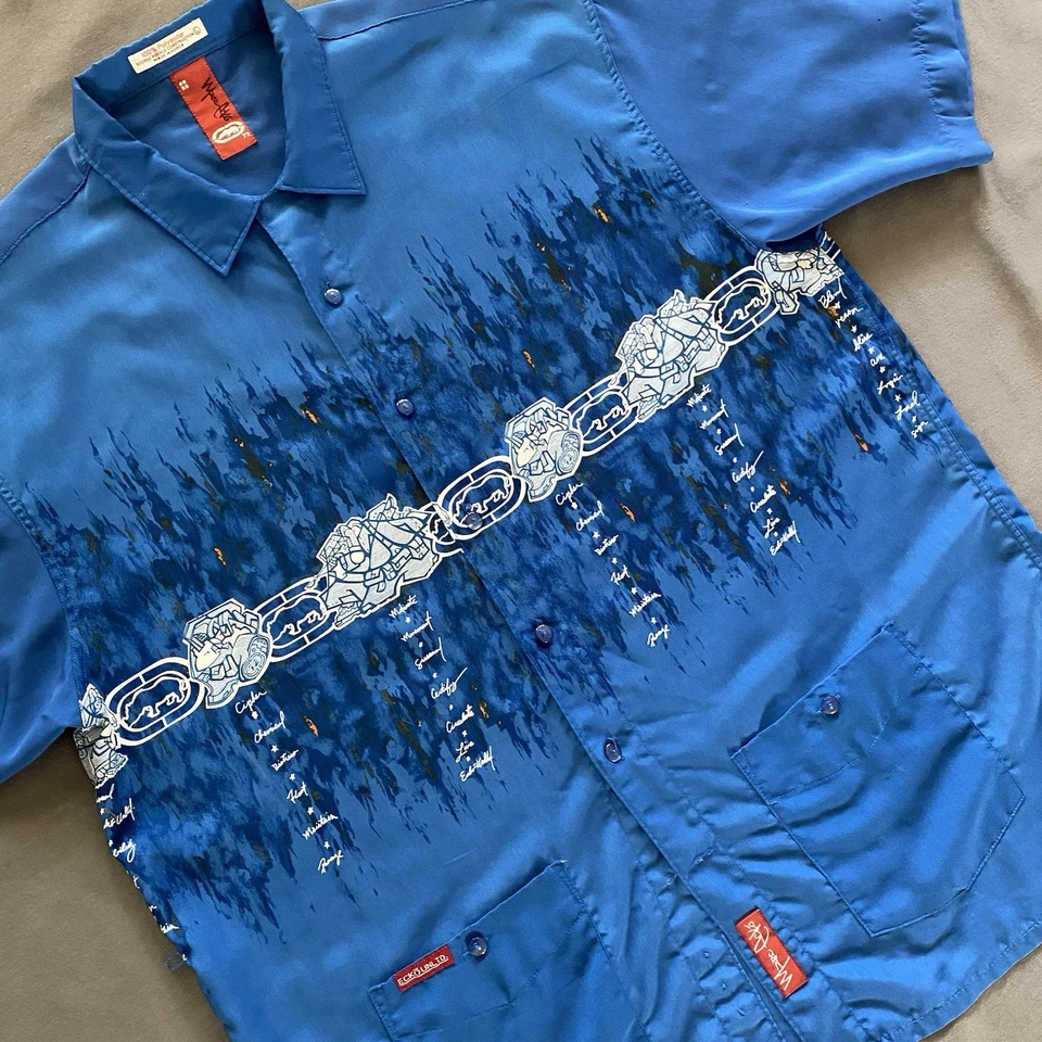 VTG 2000s Marc Ecko Button Up Shirt Mens Large Blue Graffiti Streetwear Unltd - Image 3 of 4