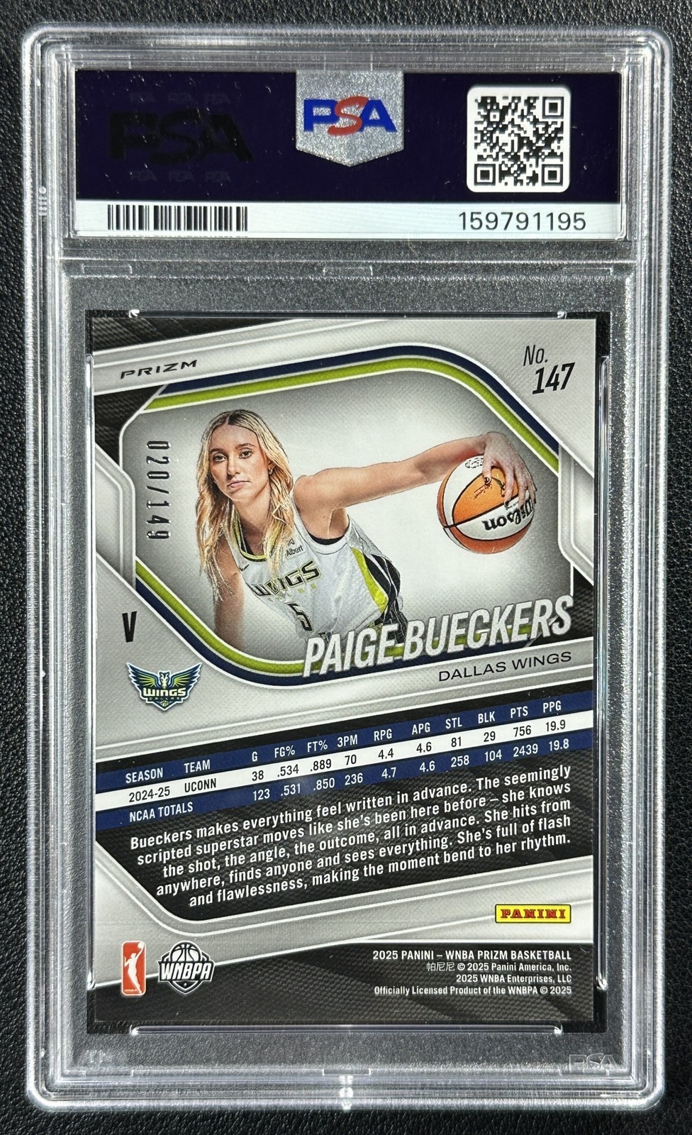 PAIGE BUECKERS PSA 9 2025 PANINI WNBA PRIZM #147 ROOKIE PURPLE RC 20/149 WINGS view 2
