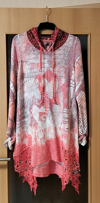 Tunika TREDY 36 lang Muster abstrakt orange beige grau Kapuze Spitze Langarm TOP