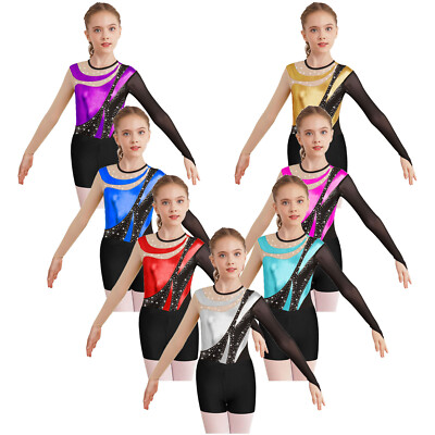 Mädchen Tanzbekleidung Trainingsanzüge Trikot Mit Shorts Glänzend Body Mesh