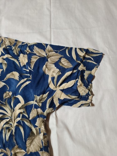 Camicia vintage moda hawaiana maniche corte bottoni XL blu rayon beige floreale - Foto 4 di 16