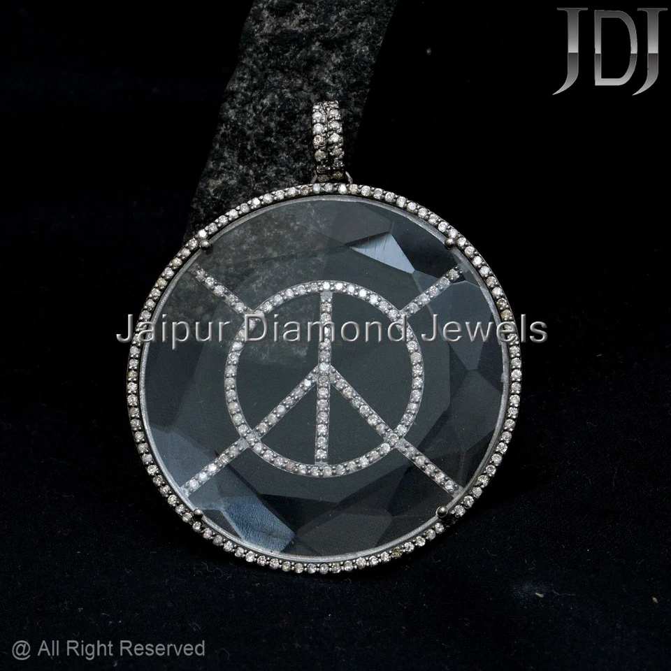 PEACE Sign Charm Natural Pave Diamond Crystal Gemstone 925 Silver Unisex Pendant - Image 2 of 4
