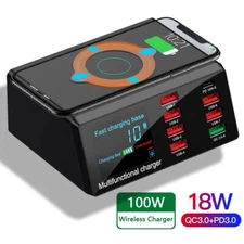 100W 8 Port USB Charger QC3.0 PD 3.0 Wireless Charging Station Adapter Desktop