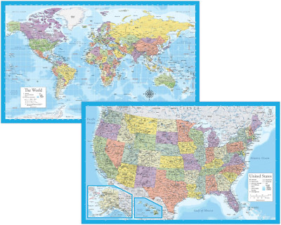 2 Pack - Laminated World Map & US Map Poster Set - Wall Chart Map of the World