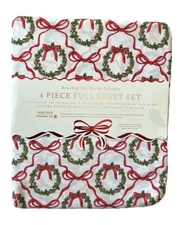 New 4 Pc Full Sheet Set Christmas Wreath Holiday Red Green