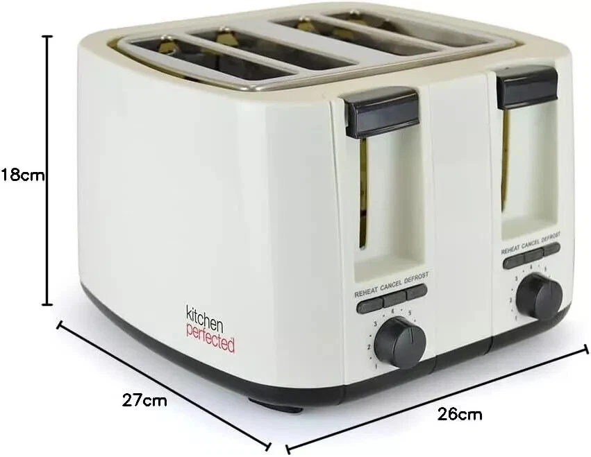 Cream 4 Slice Toaster Extra Wide Slots Variable Browning Defrost Reheat 1500W - Image 4 of 4