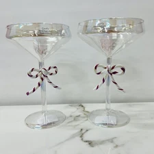 Christmas Coupe Glasses Candy Cane Bow Martini Cocktail Set of 2 SHIPS PRIORITY
