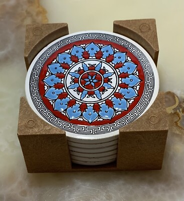 Vintage Ceramic Coaster Set Of 6 With Holder Handmade from Greece Knossos Ltd.