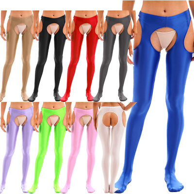 Womens Oil Glossy Crotchless Stretchy Mid Waist Pants Shiny Pantyhose Stockings