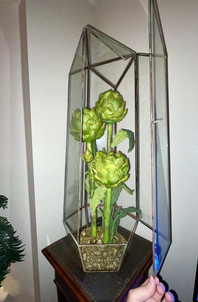 Expositor grande antiguo de vidrio para terrario ~ decoración de alcachofa cobre Foto 2 de 4
