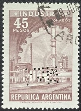 Argentina - 1966 Scott #824 - Industry "Factory and Cogwheel" - PERFIN - Stamp