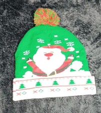 LED Light Up Christmas Beanie Hat Santa Claus Holiday Green Knit Pom Pom Cap