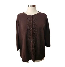 CJ Banks Womens Brown Appliquéd Cardigan Button Sweater Size 3X Half Sleeve 
