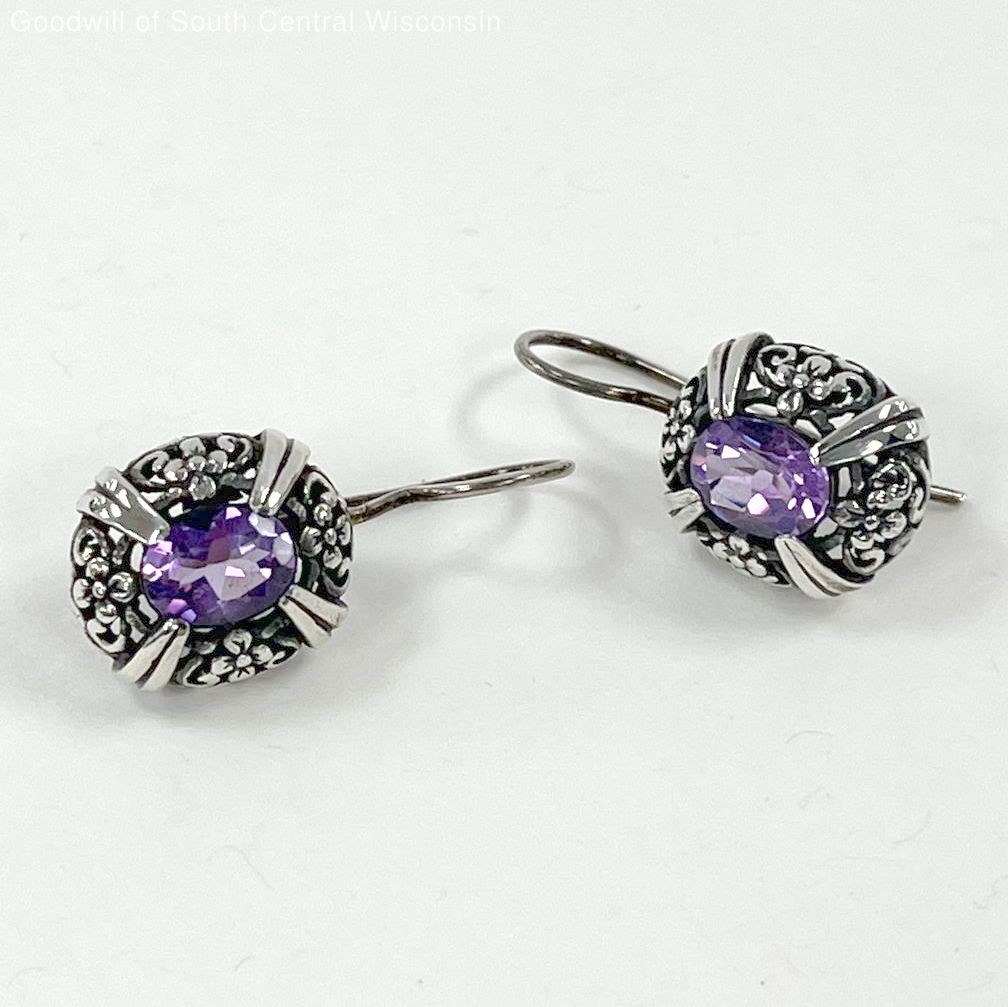 Sterling Silver Open Scrollwork Oval Cut Amethyst… - image 1