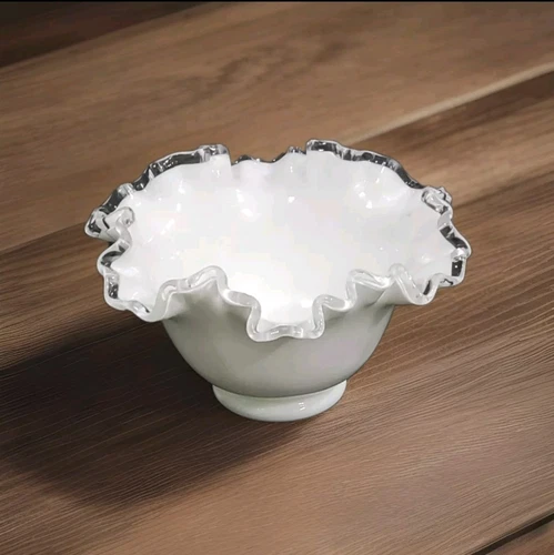 Fenton Silver Crest Round Crimped Bowl White Milk Glass Ruffled Marked On Bottom