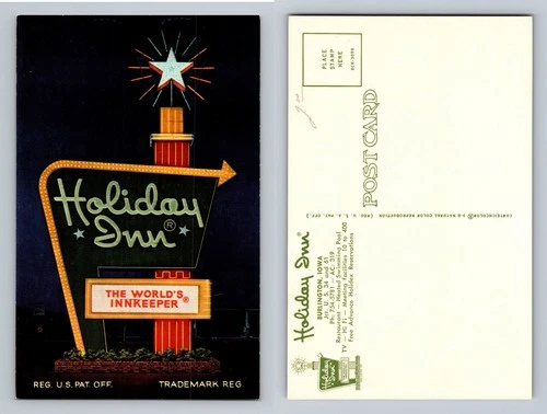 Burlington, IA-Iowa Holiday Inn Neon Sign The World’s Innkeeper Vintage Postcard