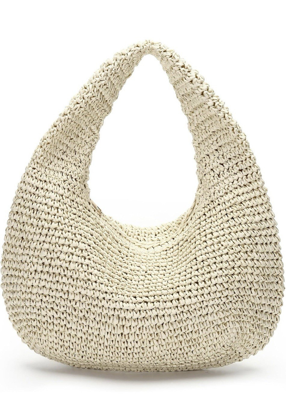 Beige Crochet Accent Hobo Shoulder Bag Crescent Shape Casual Beach Women