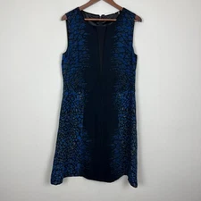 T Tahari Dress 12 Black Blue Abstract Pattern Mesh V-Neck A-Line Fit N Flare