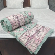 Hand Block Print Cotton Quilt: Sea Green Pink Floral, Boho Bedding