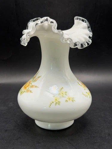 VTG Fenton Signed Hand Painted Yellow Roses Silver Crest Milk Glass Vase 7.5”
