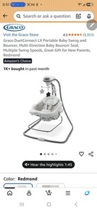 Graco DuetConnect LX Swing and Bouncer Multi-Direction Seat Redmond