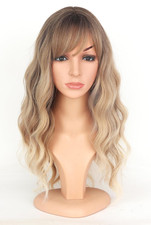 Ombre Dirty Blonde Wavy Wigs with Bangs for Women Medium Long Ash Blonde Synthet