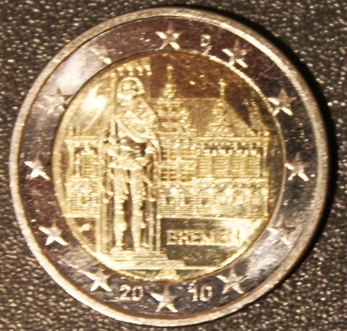 BRD-2-EURO-Gedenkmünze,2010,gelaufen,Prägest.:-A-,Bremen,Rathaus mit Roland.