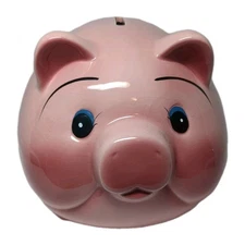 VTG Large Mid Century Modern Pink Piggy Bank Blue Eyes And Blushing Cheeks