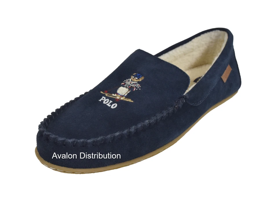 Men's Polo Ralph Lauren Navy Suede Winter Ski Bear Slippers Moccasins New - Image 3 of 4