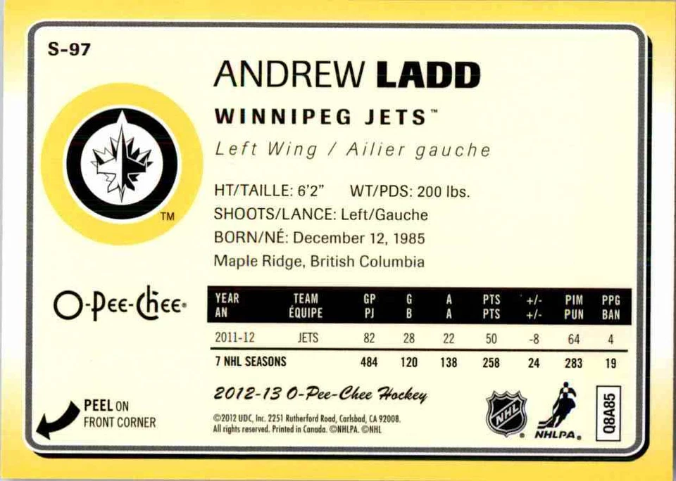 2012-13 O-Pee-Chee Stickers Andrew Ladd #S-97 - Image 2 of 2