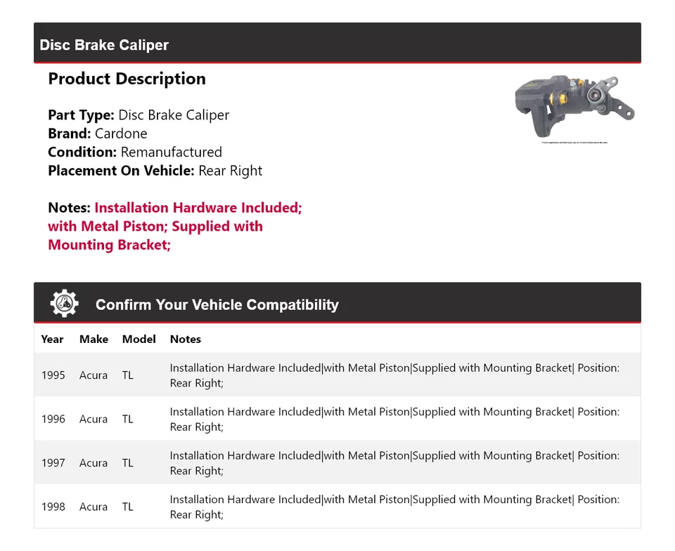 For 1995-1998 Acura TL Disc Brake Caliper Rear Right Cardone 1996 1997 - Image 2 of 4