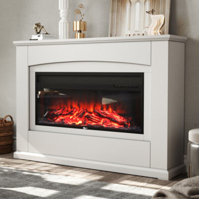 Large Electric Fireplace LED Flames Heater White Surround Inset