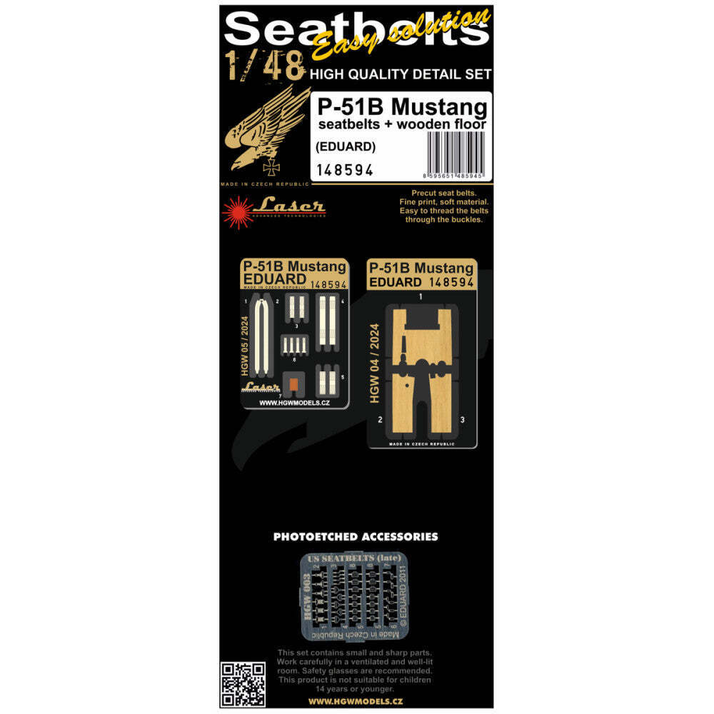 HGW 1/48 P-51B Mustang Seatbelts + Floor for Eduard kit - 148594 HGW 1/48 P-51B Mustang Seatbelts + Floor for Eduard kit - 148594