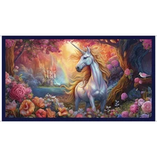 MYSTICAL UNICORN PANEL BY QT PEGASUS CASTLE ENCHANTED FOREST FABRIC 24"X44"