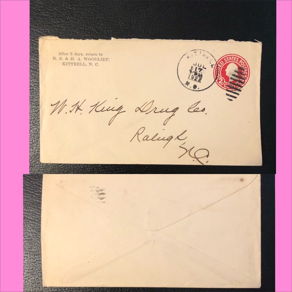 Kittrell, North Carolina, Vance County (1854Date) 1923 CANCEL WOODLIEF