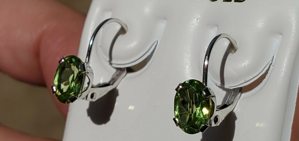 Peridot Labcreated Oval Cut Dangle Leverback Earrings 14kt Solid White Gold - Image 3 of 4