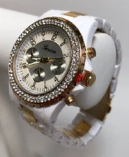 NEW Geneva NO-298-WTGD Women's Sunshine Crystal Chrono Two Tone White/Gold Watch