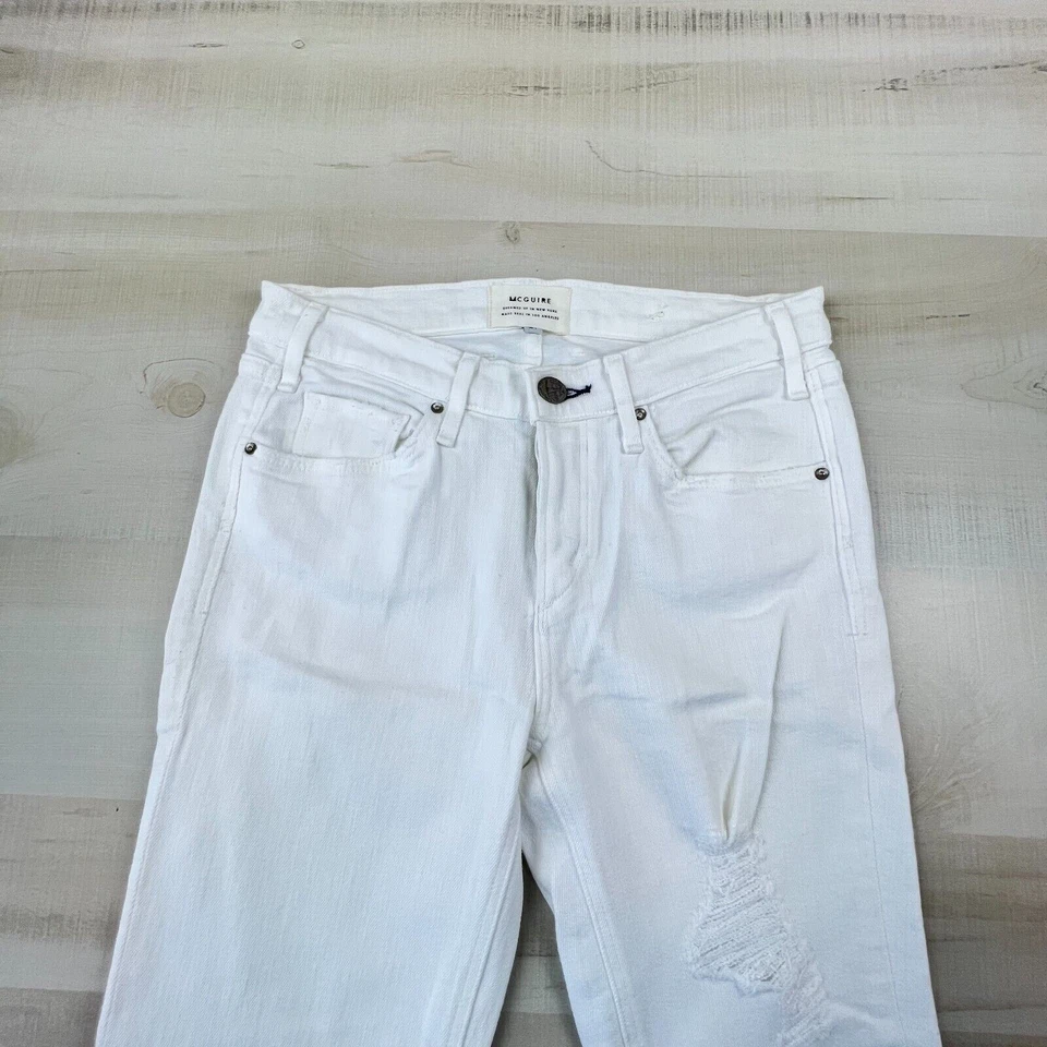 Jeans feminino McGuire 27 jeans branco botão desgastado estilo mosca 186D cintura média - Imagem 2 de 4