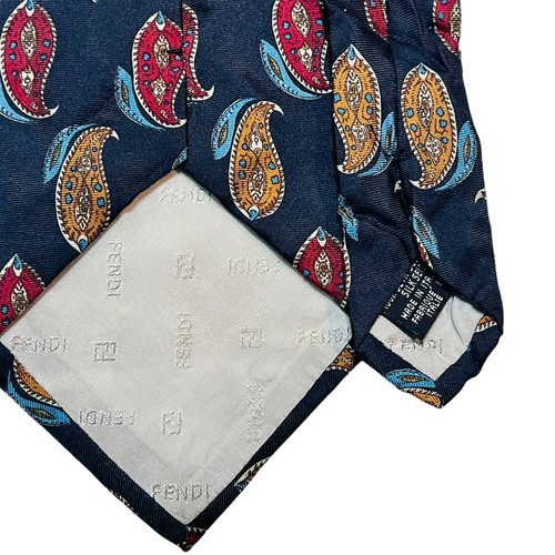 Vintage FENDI Cravette Silk Necktie Tie Lot Of 2 Blue Paisley Red Green Italy - Picture 9 of 12