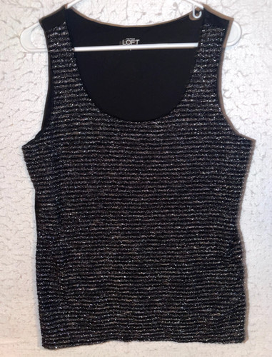 Ann Taylor Loft Black Silver Metallic tank top Womens Size L Lined Bling