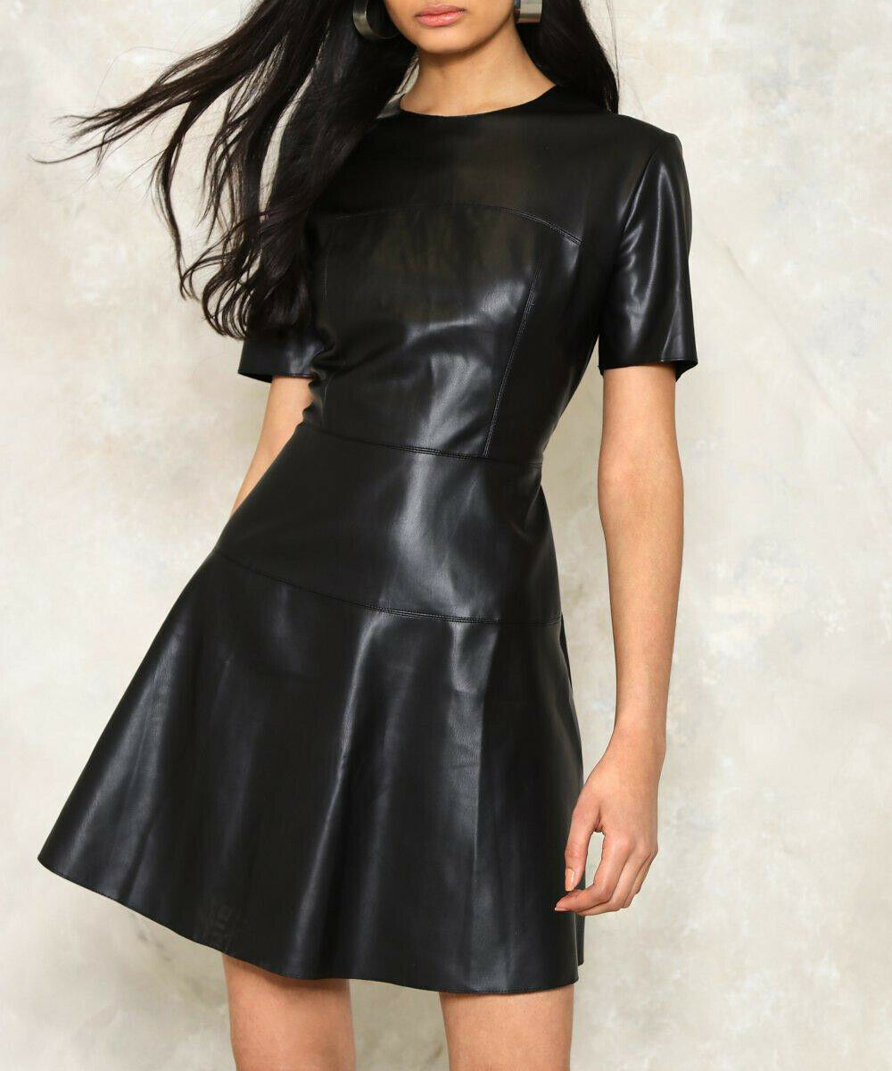 Short Sleeve Women Leather Dress Black Paneled Leather Dress Skater Dress -  052