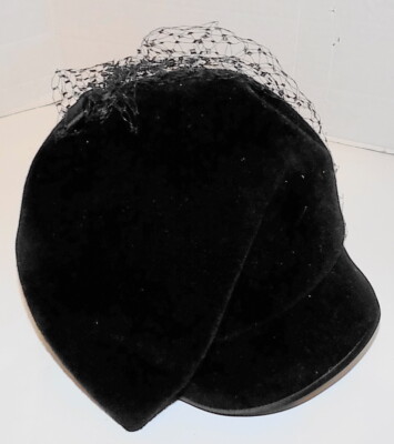 帽子 Vintage velours hat Vintage 50s 60s Black Velvet Cloche Hat w/ Veil Ruby Art