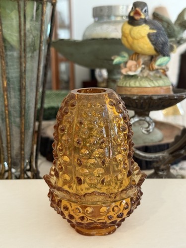 Vintage 4.5” Fenton Amber Hobnail Fairy Lamp Candle Holder