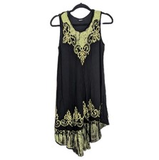 Boho Black Viscose Midi Dress Green Embroidered Whimsigoth Sleeveless OS M/L