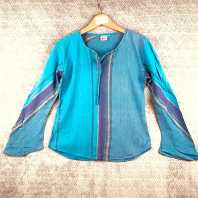ISH Creation Haut Tunique Femme M Bleu Rayé Bohème Col Lacet Manches Evasées - Photo 1/4