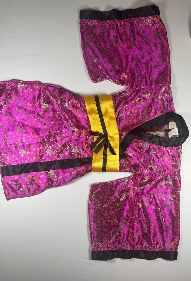 Bata Kimono Rosa Floral Niñas Pequeña 3-4 Años Satén Disfraz Vestir Faja Amarilla Foto 2 de 4